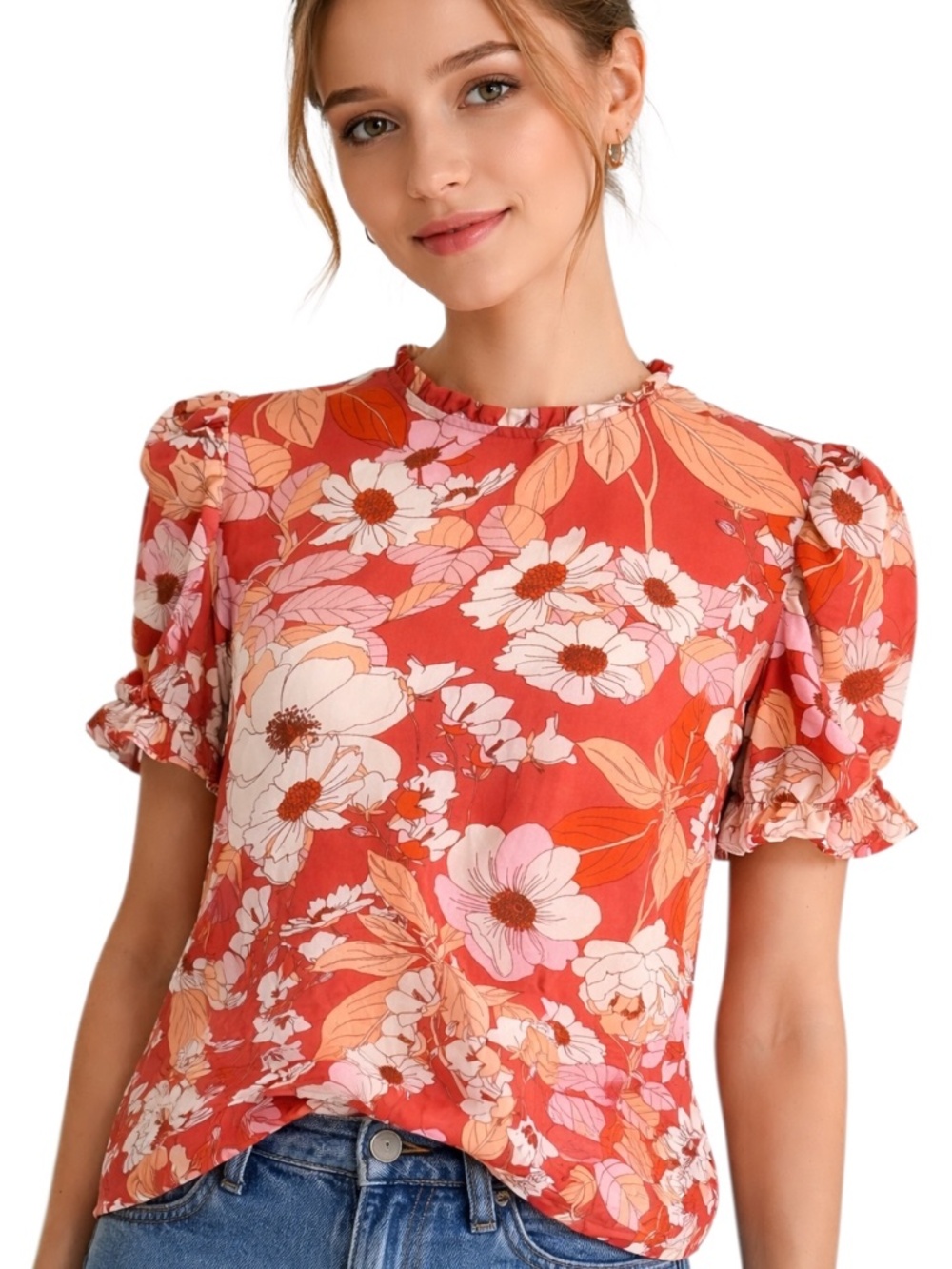 Poppi floral blouse top with rouched elastic sleeves Sz M orange white daisies